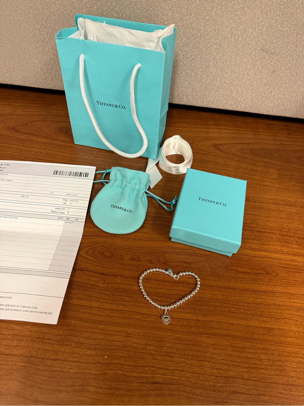 AUTHENTIC Tiffany & Co. Sterling Silver Bead Bracelet with Heart Charm - Silver